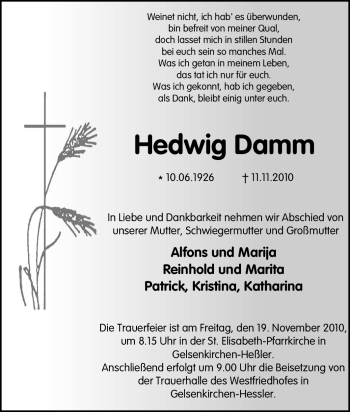Traueranzeige von Hedwig Damm von Tageszeitung
