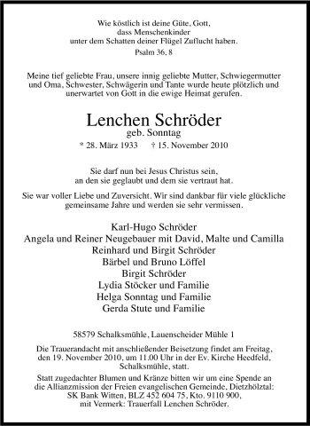 Traueranzeige von Lenchen Schröder von Tageszeitung