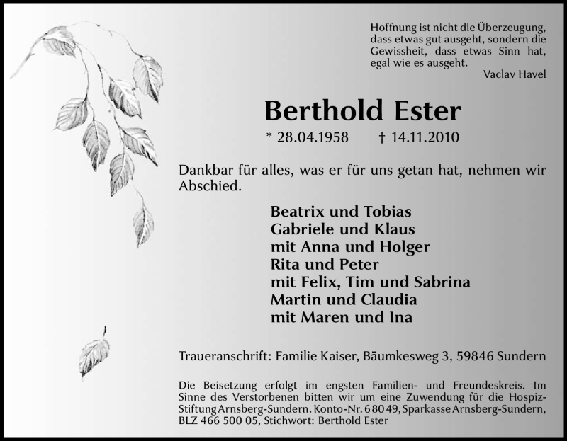  Traueranzeige für Berthold Ester vom 16.11.2010 aus Tageszeitung