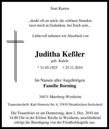 Traueranzeige von Juditha Keßler von Tageszeitung