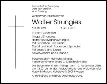 Traueranzeige von Walter Strungies von Tageszeitung