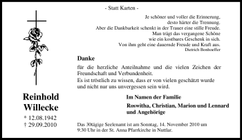 Traueranzeige von Reinhold Willecke von Tageszeitung