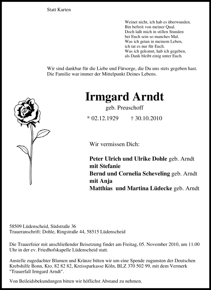  Traueranzeige für Irmgard Arndt vom 02.11.2010 aus Tageszeitung
