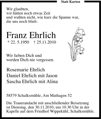 Traueranzeige von Franz Ehrlich von Tageszeitung