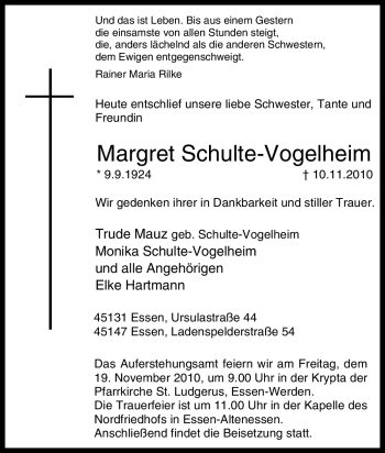 Traueranzeige von Margret Schulte-Vogelheim von Tageszeitung