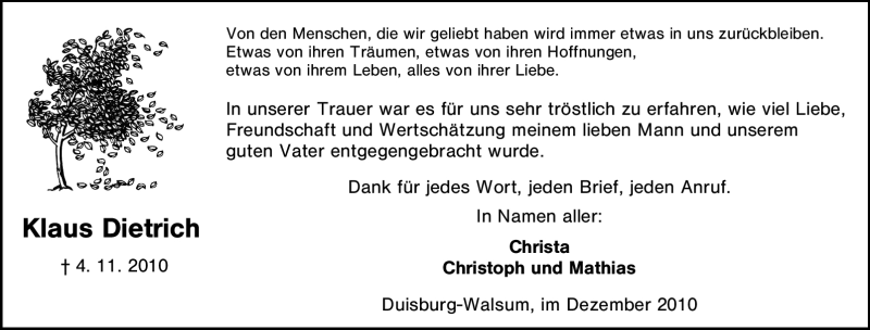  Traueranzeige für Klaus Dietrich vom 27.11.2010 aus Tageszeitung