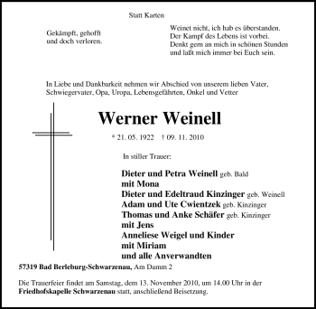 Traueranzeige von Werner Weinell von Tageszeitung