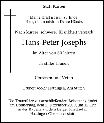 Traueranzeige von Hans-Peter Josephs von Tageszeitung