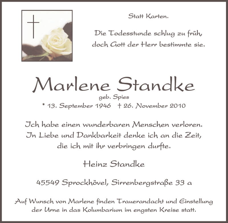  Traueranzeige für Marlene Standke vom 27.11.2010 aus Tageszeitung