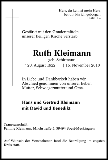 Traueranzeige von Ruth Kleimann von Tageszeitung