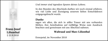 Traueranzeige von Franz-Josef Lilienthal von Tageszeitung