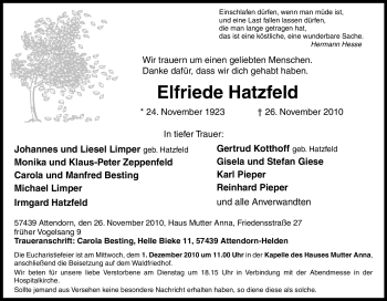 Traueranzeige von Elfriede Hatzfeld von Tageszeitung