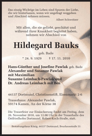 Traueranzeige von Hildegard Bauks von Tageszeitung