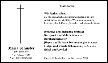 Traueranzeige von Maria Schuster von Tageszeitung