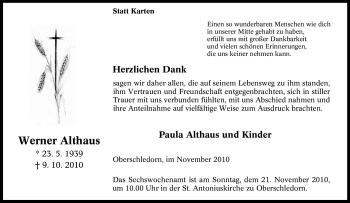 Traueranzeige von Werner Althaus von Tageszeitung