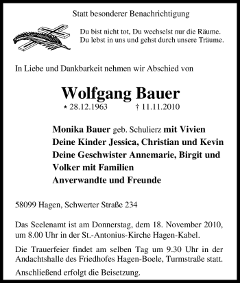 Traueranzeige von Wolfgang Bauer von Tageszeitung