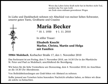 Traueranzeige von Maria Becker von Tageszeitung