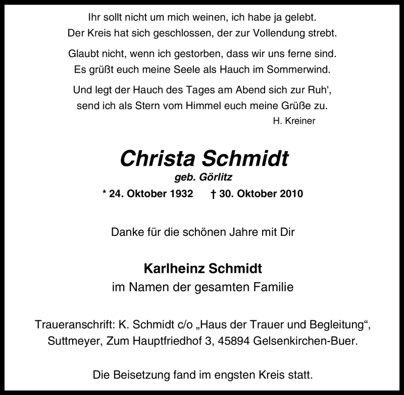  Traueranzeige für Christa Schmidt vom 06.11.2010 aus Tageszeitung