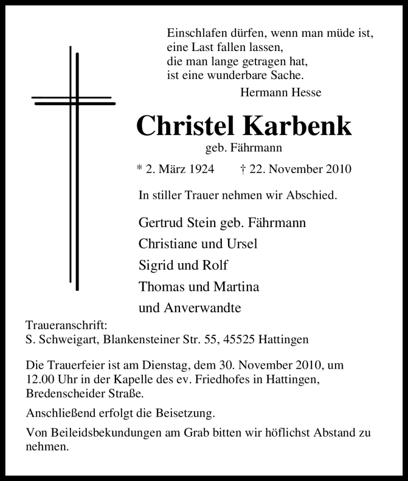  Traueranzeige für Christel Karbenk vom 27.11.2010 aus Tageszeitung