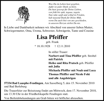 Traueranzeige von Lisa Pfeiffer von Tageszeitung