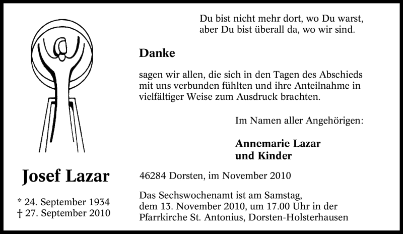  Traueranzeige für Josef Lazar vom 06.11.2010 aus Tageszeitung