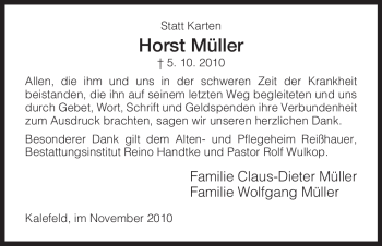 Traueranzeige von Horst Müller von Tageszeitung