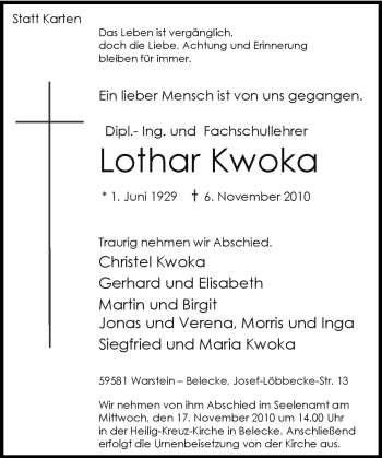 Traueranzeige von Lothar Kwoka von Tageszeitung