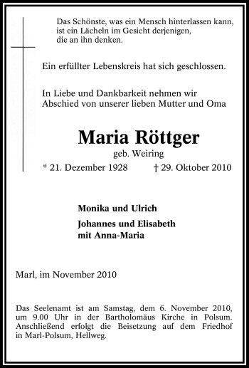 Traueranzeige von Maria Röttger von Tageszeitung