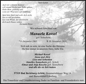Traueranzeige von Manuela Kossel von Tageszeitung