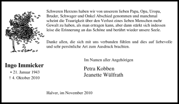 Traueranzeige von Ingo Immicker von Tageszeitung