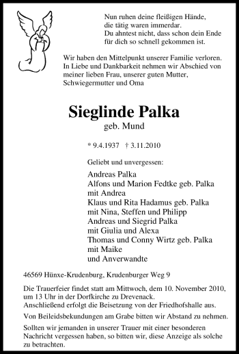 Traueranzeige von Sieglinde Palka von Tageszeitung