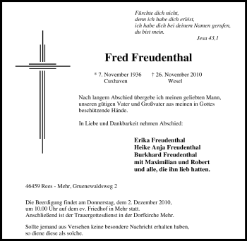 Traueranzeige von Fred Freudenthal von Tageszeitung