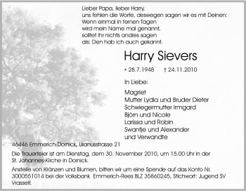 Traueranzeige von Harry Sievers von Tageszeitung