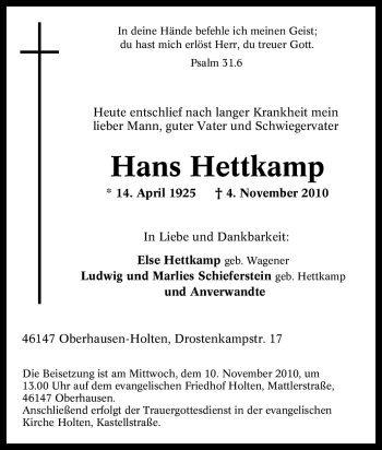 Traueranzeige von Hans Hettkamp von Tageszeitung