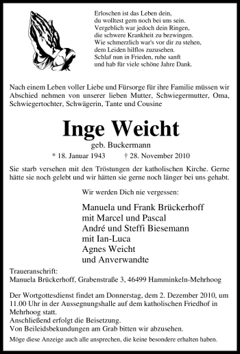 Traueranzeige von Inge Weicht von Tageszeitung