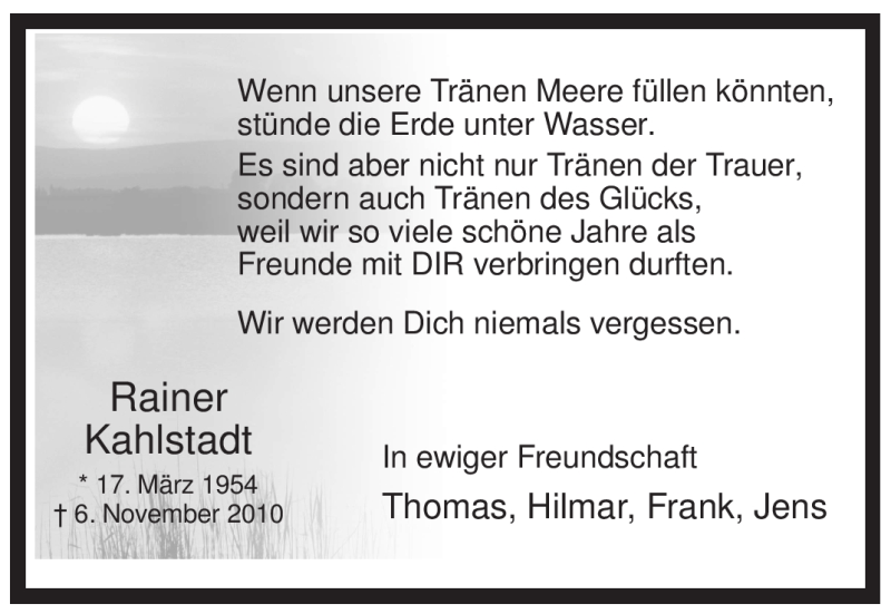  Traueranzeige für Rainer Kahlstadt vom 11.11.2010 aus Tageszeitung