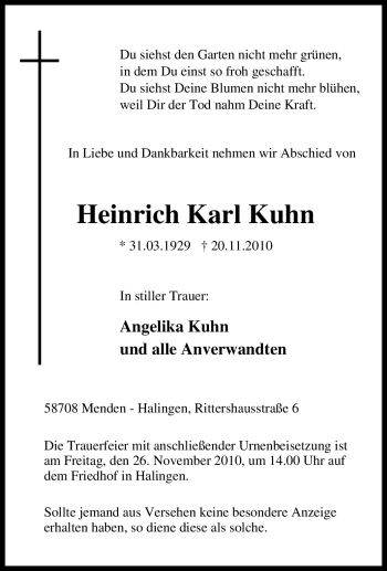 Traueranzeige von Heinrich Karl Kuhn von Tageszeitung