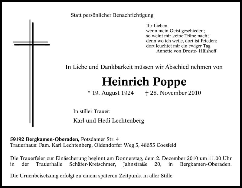  Traueranzeige für Heinrich Poppe vom 30.11.2010 aus Tageszeitung