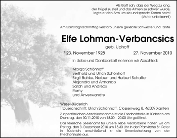 Traueranzeige von Elfe Lohman-Verbancsics von Tageszeitung