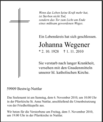 Traueranzeige von Johanna Wegener von Tageszeitung