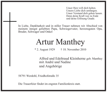Traueranzeige von Artur Manthey von Tageszeitung