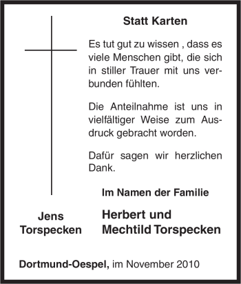 Traueranzeige von Jens Torspecken von Tageszeitung