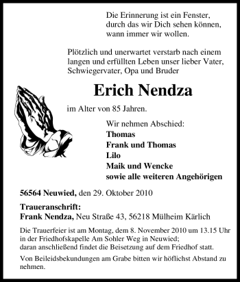 Traueranzeige von Erich Nendza von Tageszeitung