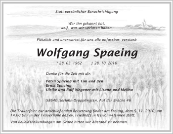 Traueranzeige von Wolfgang Spaeing von Tageszeitung