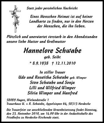 Traueranzeige von Hannelore Schwabe von Tageszeitung