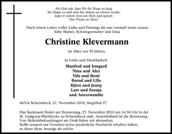 Traueranzeige von Christine Klevermann von Tageszeitung