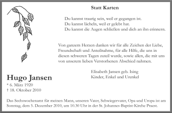 Traueranzeige von Hugo Jansen von Tageszeitung