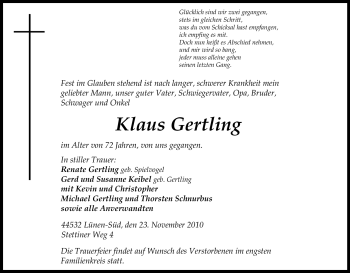 Traueranzeige von Klaus Gertling von Tageszeitung