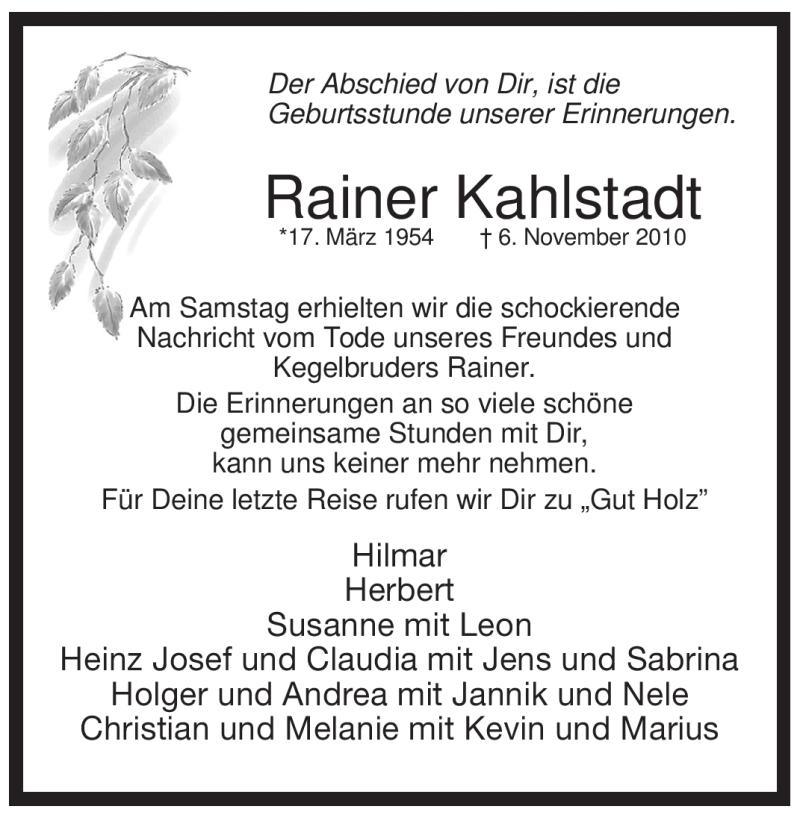  Traueranzeige für Rainer Kahlstadt vom 11.11.2010 aus Tageszeitung