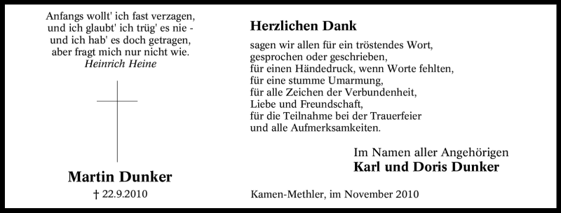  Traueranzeige für Martin Dunker vom 06.11.2010 aus Tageszeitung